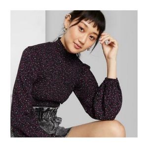 Floral Long Sleeve High Neck Smocked Woven Top